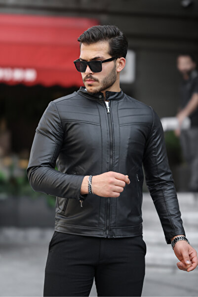 Mero Life Jachetă de piele neagră slim-fit pentru bărbați, sezon nou