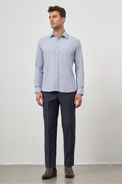 İmza Тъмносиня риза с дълъг ръкав Slim Fit без джобове, памучна класическа 1004245161