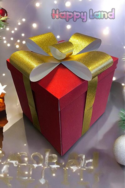 Happyland Yılbaşı Hediye Kutusu Kırmızı Renk Simli Kurdeleli Kendin Yap Model 25x25x25 Cm