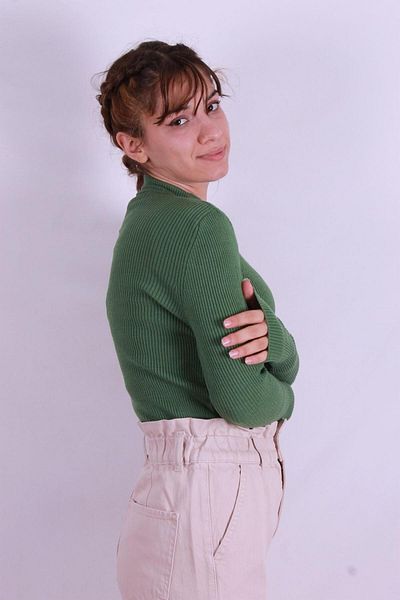 Fashion Friends Pulover verde cu guler ridicat