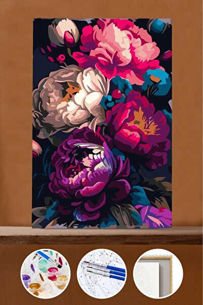Pastelya Sayılarla Boyama Seti Çerçeveli Kasnaklı Renkli Çiçekler 1 40 x 50 cm