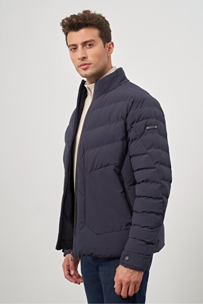 İmza Koyu Lacivert Dolumlu Hakim Yaka Slim Fit Dar Kesim Klasik Mont 1007245153