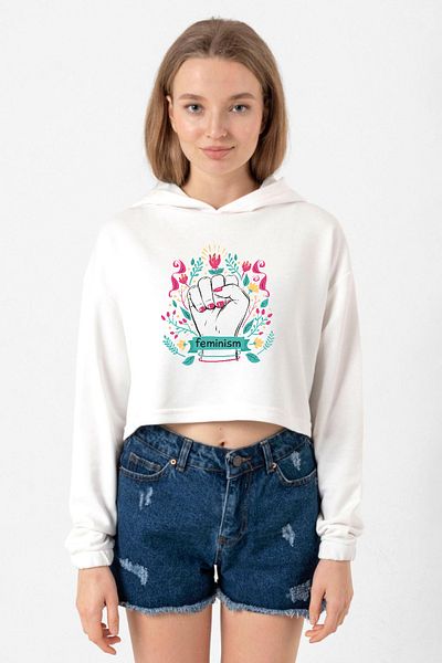 Tshirthane هودي نسائي قصير من إكرو - يد نسائية زهرية