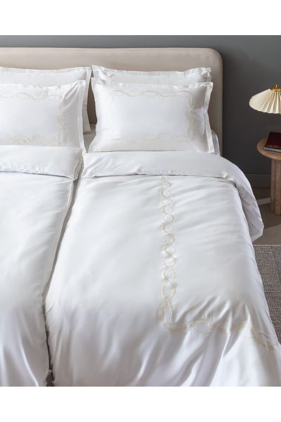 Madame Coco Marguerite Family Size Embroidered Satin Duvet Cover Set - Ecru