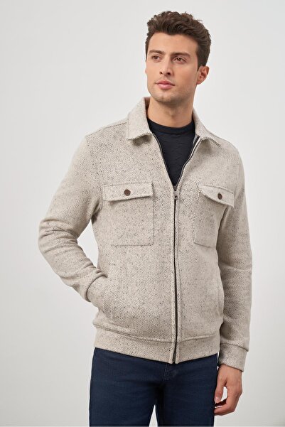 İmza Bej Örme Bebe Yaka Kendinden Desenli Yırtmaçsız Astarsız Slim Fit Classic Mont 1007245156