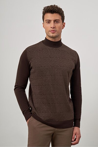 İmza Σκούρο καφέ μακρυμάνικο αυτοπλεκτό γιακά Κλασικό Comfort Fit Πλεκτό