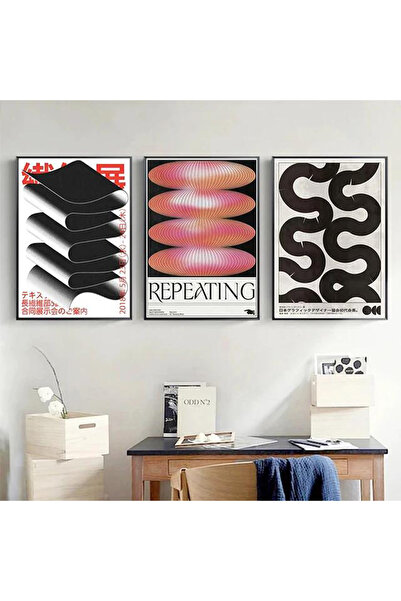 Linacci Üçlü İnce Siyah Metal Çerçeve Bauhaus Mimari Camlı Tablo Seti