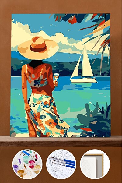 Pastelya Sayılarla Boyama Seti Çerçeveli Kasnaklı Plaj Kızı Yelkenli 40 x 50 cm