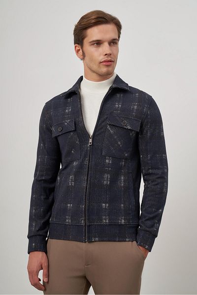 İmza Тъмносиньо плетено палто Slim Fit - Бебешка яка, С шарки и Без подплата 1007245157