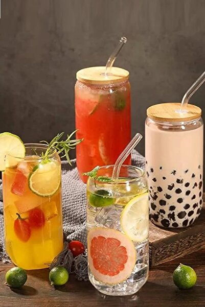 Berdina Home 4lü Bambu Kapaklı Pipetli Cam Bardak Isıya Dayanıklı Borosilikat