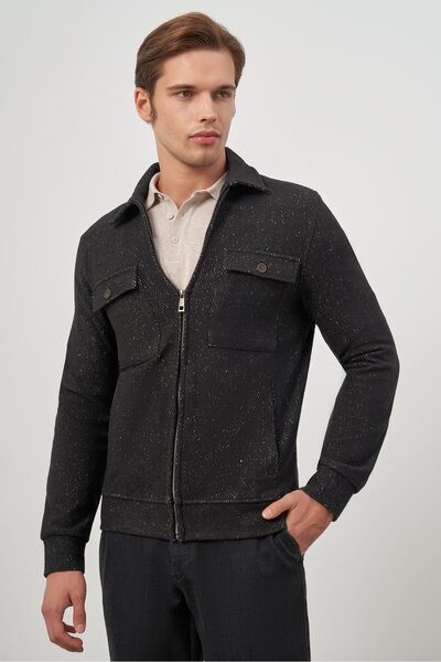 İmza Baby Collar Black Knitted Coat - Patterned and Unlined, Slim Fit 1007245156