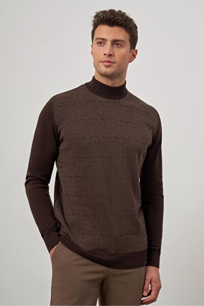 İmza Σκούρο καφέ μακρυμάνικο αυτοπλεκτό γιακά Κλασικό Comfort Fit Πλεκτό