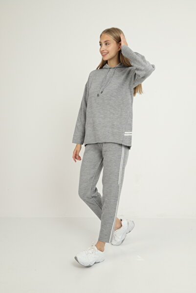 Blue Petrol Women's Hooded Stripe Detailed Knitwear Set