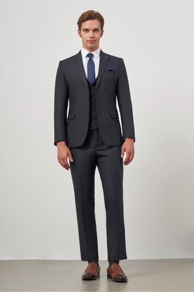 İmza Koyu Lacivert Kılıç Yaka Yelekli 6 Drop Slim Fit Classic Takım Elbise 1001245154