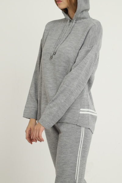 Blue Petrol Women's Hooded Stripe Detailed Knitwear Set