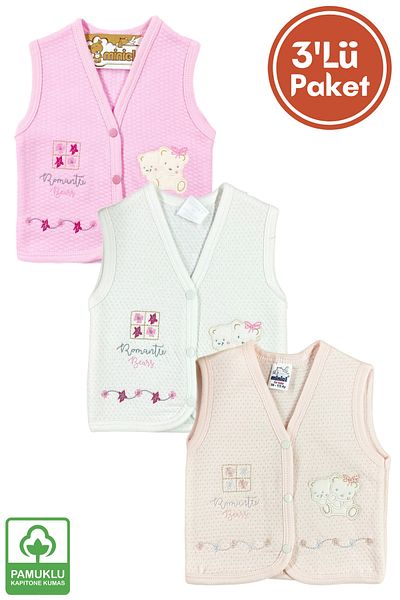 Miniel 3-Piece Unisex Baby Vest Set - Twin Teddy Bear Embroidered, Organic Cotton Quilted