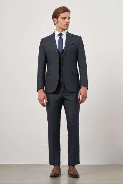 İmza Koyu Lacivert Kılıç Yaka Yelekli 6 Drop Slim Fit Classic Takım Elbise 1001245154