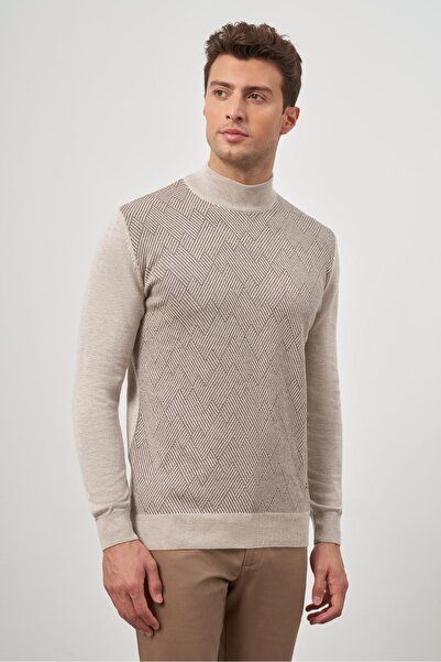 İmza Μπεζ μακρυμάνικο πλεκτό με στάμπα - μισό ζιβάγκο, κλασική άνετη εφαρμογή 1012245159