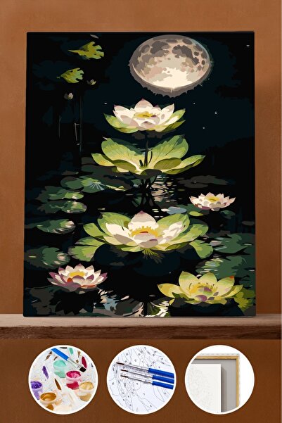Pastelya Sayılarla Boyama Seti Çerçeveli Kasnaklı Ay Işığında Lotus Çiçeği 60x75