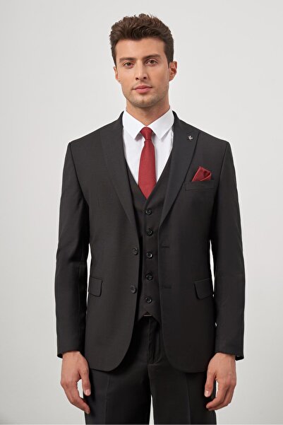 İmza Siyah Düz Kılıç Yaka Çift Yırtmaç 2 Düğme Yelekli 6 Drop Slim Fit Classi...