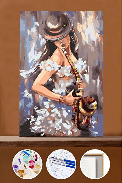 Pastelya Sayılarla Boyama Seti Çerçeveli Kasnaklı Saksafon Çalan Kız 50 x 65 cm