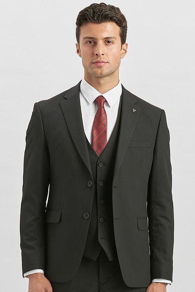 İmza Black Patterned Dobby Mono Collar Vest Lycra 6 Drop Slim Fit Suit 1001240180
