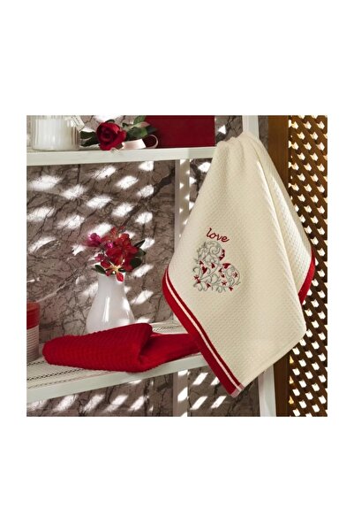 MAXSTYLE طقم مناشف مطبخ قطن 2 قطعة أحمر كريمي 40x60 سم
