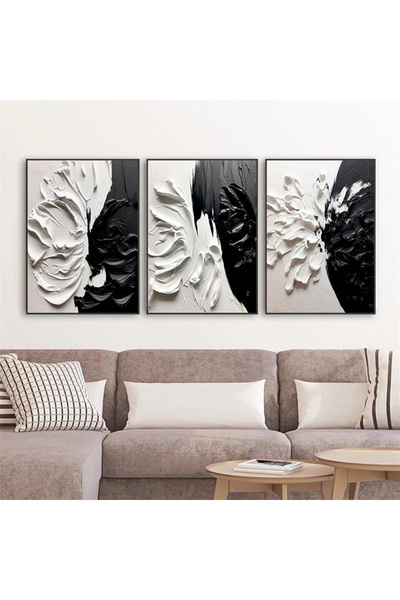 Linacci Üçlü İnce Siyah Metal Çerçeve Boya Beyaz Camlı Tablo Seti