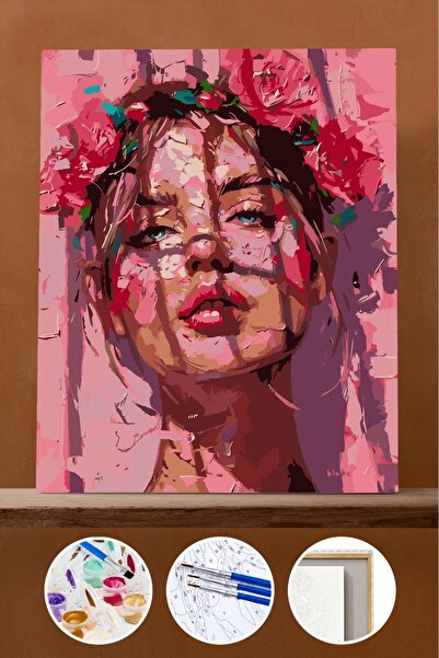 Pastelya Sayılarla Boyama Seti Çerçeveli Kasnaklı Pembe Kadın 40 x 50 cm