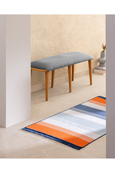 Madame Coco Rontalon Saçaklı Dokuma Kilim - 60x100 Cm - Turuncu/lacivert