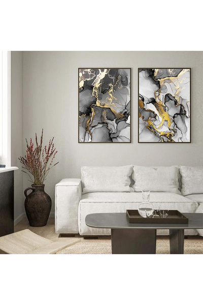 Linacci Double Black Metal Framed Marble Pattern Gold Poster Glass Table Set