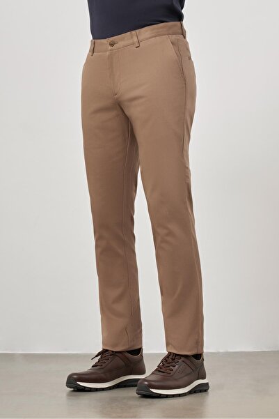 İmza Σκούρο μπεζ βαμβακερό πλαϊνό παντελόνι Chino Casual Slim Fit 1003245150