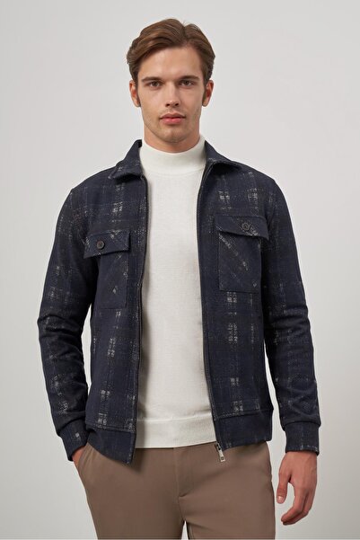 İmza Koyu Lacivert Örme Bebe Yaka Kendinden Desenli Yırtmaçsız Astarsız Slim Fit Classic Mont 1007245157