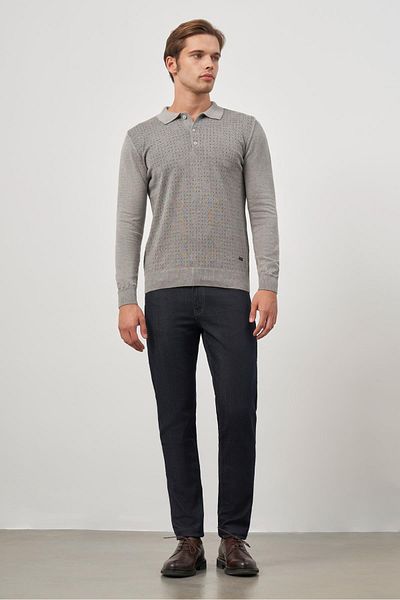 İmza Stone Colored Polo Collar Knitwear with Long Sleeves and Patterns 1012245162   - Classic Comfort Fit