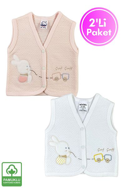 Miniel Baby Girl Rabbit Embroidered Organic Cotton 3-6-9 Months 2-Piece Quilted Baby Vest - Salmon