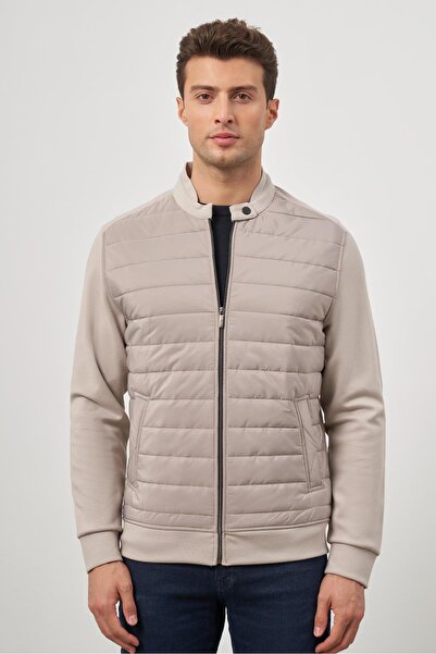 İmza Taş Rengi Kapitone Dik Yaka Astarlı Slim Fit Dar Kesim Klasik Mont 1007245154