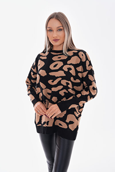 Pinpery Pulover de damă negru maro oversize cu model leopard