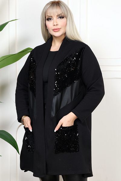 Kheos V-Neck Long Sleeve Sequin Front Faux Leather Blocked Pocket Flowy Midi Size Large Size Jacquard Cardigan