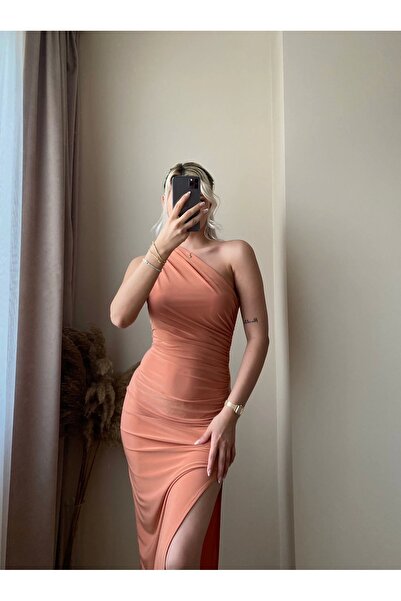 Zora Butik Omuz Detay Drapeli Elbise- ŞEFTALİ