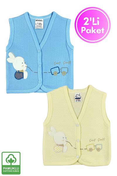 Miniel Baby Boy Rabbit Embroidered Organic Cotton 3-6-9 Months 2-Piece Quilted Baby Vest - Colorful