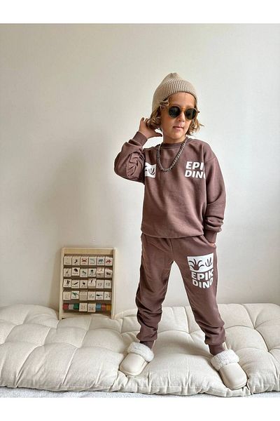 endudu Boy's Dinosaur Back Patterned Winter 3 Thread Cotton Sweatshirt Tracksuit Top and Bottom Oversize Set
