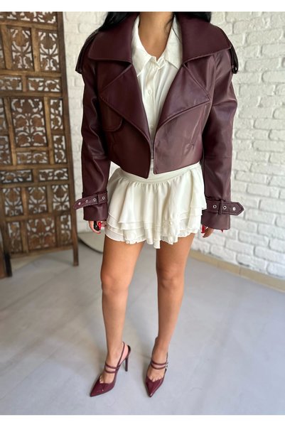 moneta boutique Kadın PREMİUM VATKALI CROP DERİ CEKET