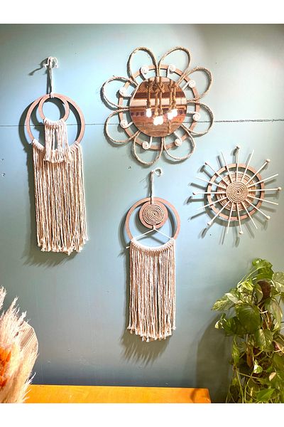 kattuna Bohemian Daisy Mirror and Macrame Wall Decoration Product Set of 3