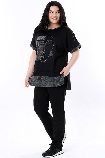 Kheos Bluză cu decolteu rotund și broderie cu pietre, set confortabil din lycra cu talie elastică și buzunare cu șireturi