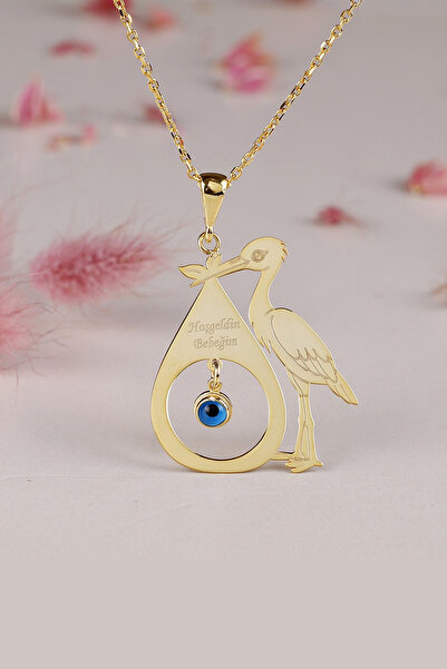 VAOOV 925 Ayar Gümüş Kişiye Özel Leylekli Isimli Doğum Kolyesi