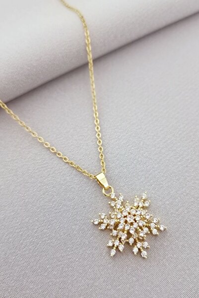 stainles steel Çelik Altın Renk Dönen Zirkon Taşlı Kar Tanesi Kolye