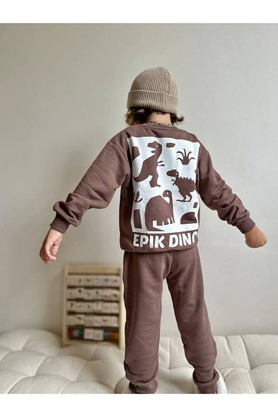 endudu Boy's Dinosaur Back Patterned Winter 3 Thread Cotton Sweatshirt Tracksuit Top and Bottom Oversize Set