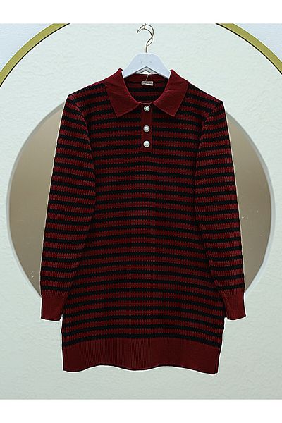 Modamorfo Pulover din tricot cu nasturi cu gât polo -visiniu