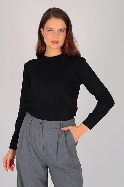 FACETTE Pulover de bază cu mânecă lungă, negru, subțire, cu nervuri
