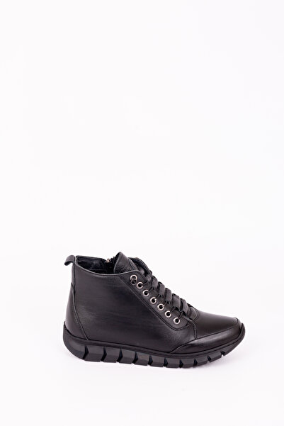 VENZA Hakiki Deri Ortopedik Fermuar Ve Bağcıklı Siyah Comfort Bot Fr5520